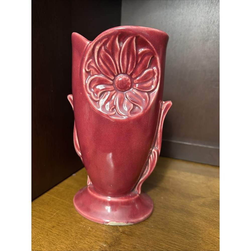 Shawnee Vase Floral Medallion Deep Rose Burgundy MCM 8.75"